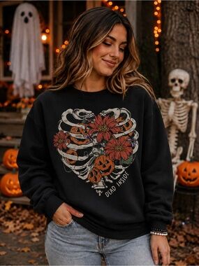 Black Halloween Ribcage Pumpkin Floral Graphic Sweatshirt